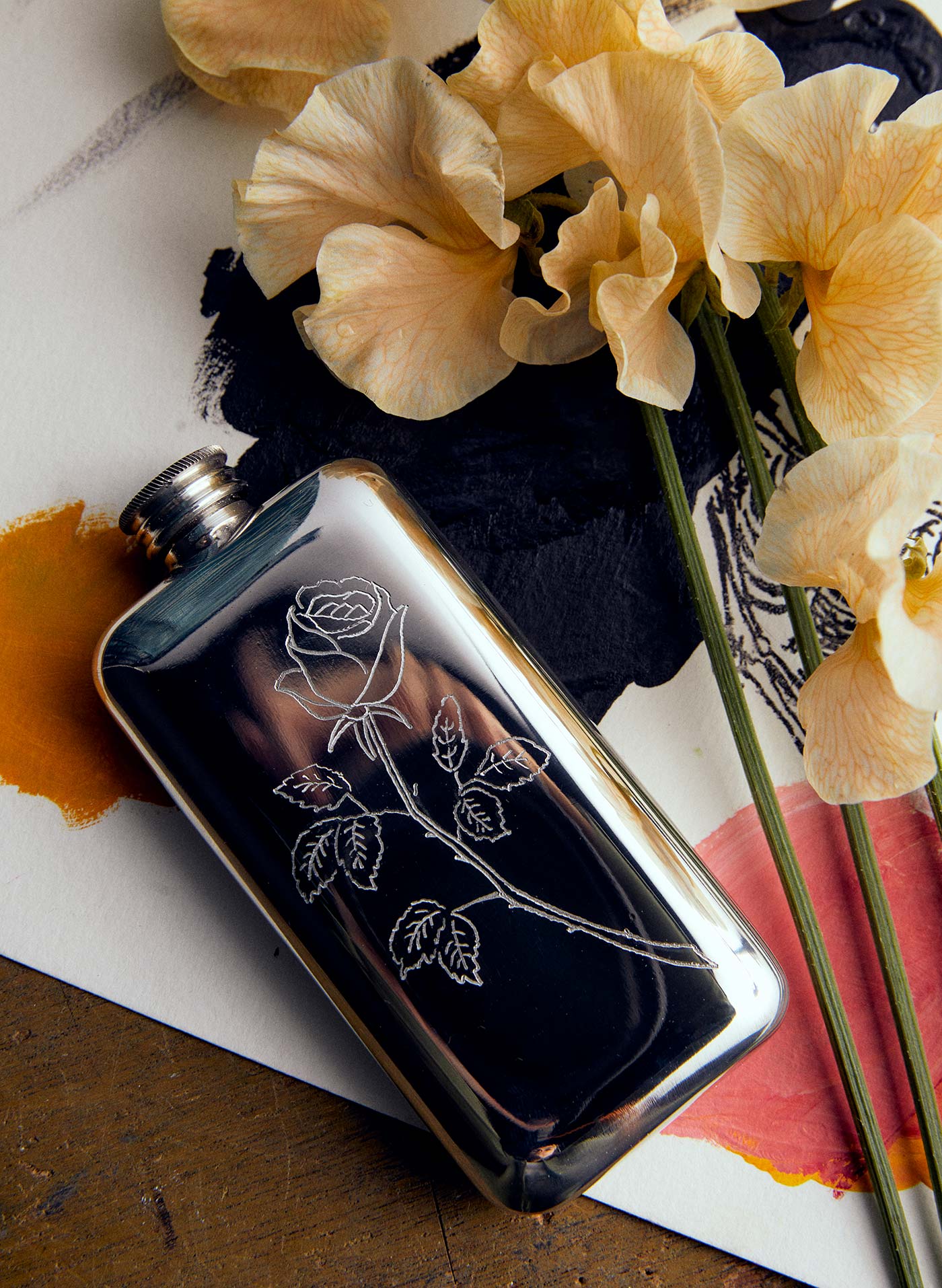 hand engraved "smell the roses" flask - Image 10