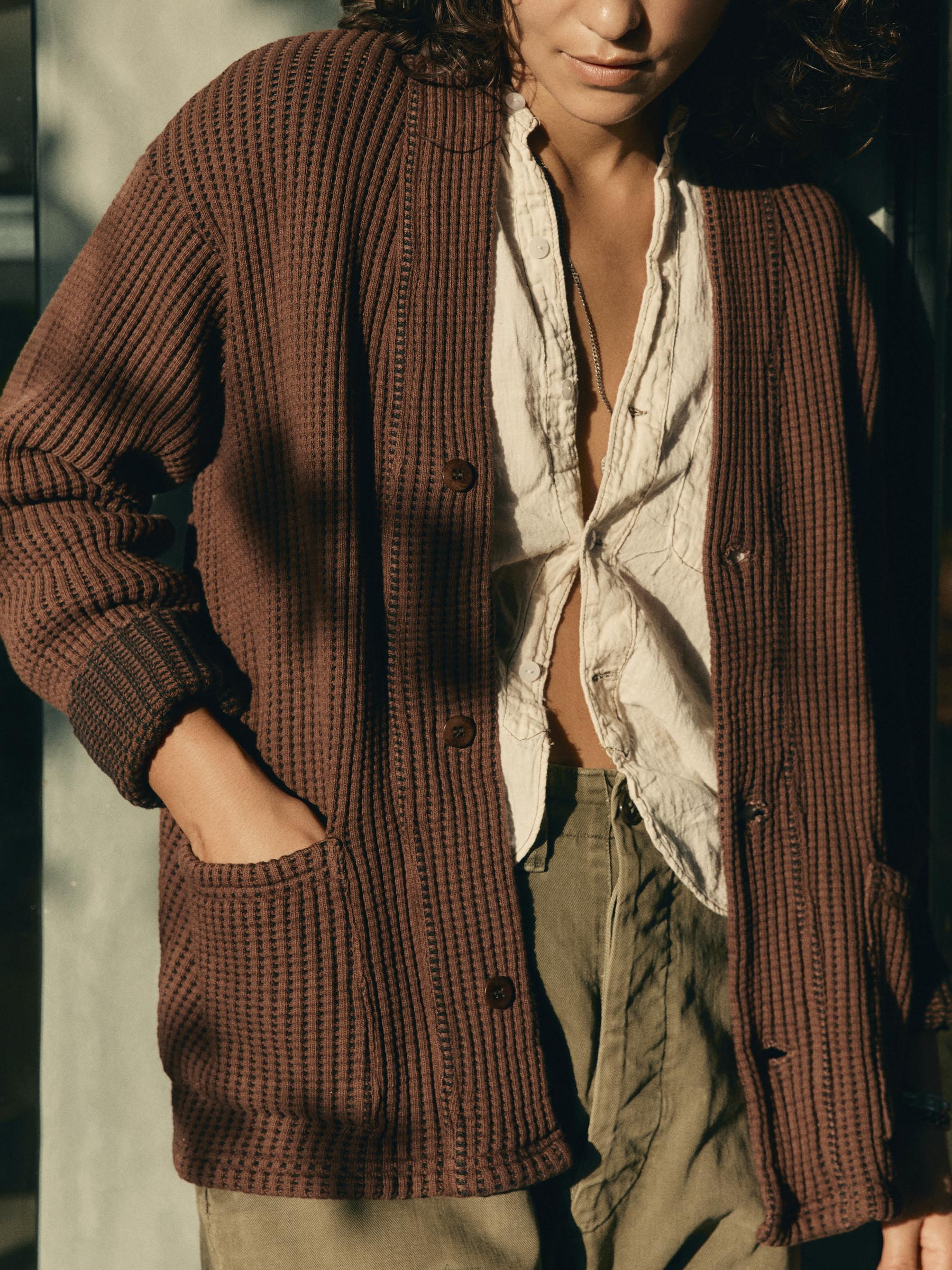 knit waffle cardigan in brown - Image 3