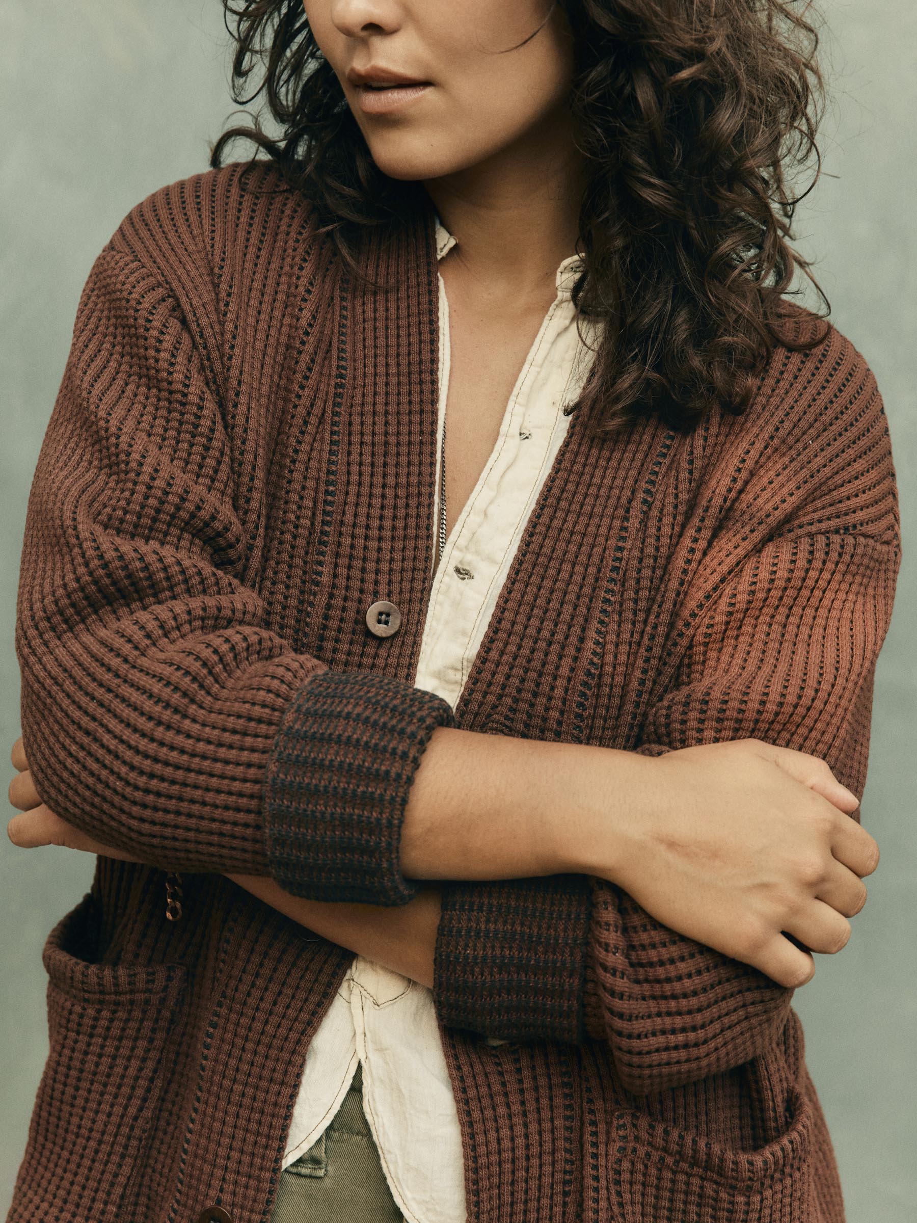 knit waffle cardigan in brown - Image 5