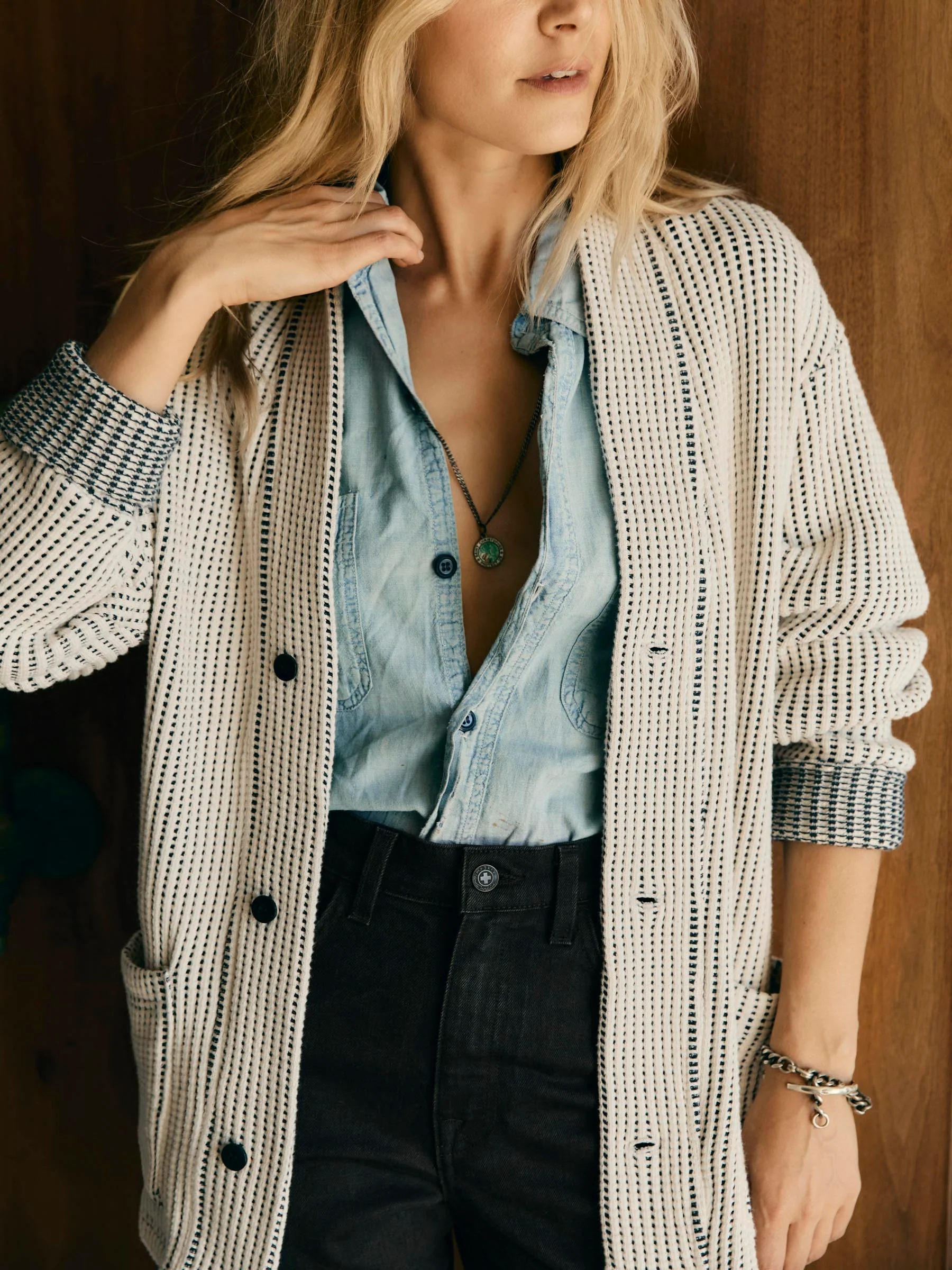 knit waffle cardigan in natural - Image 3