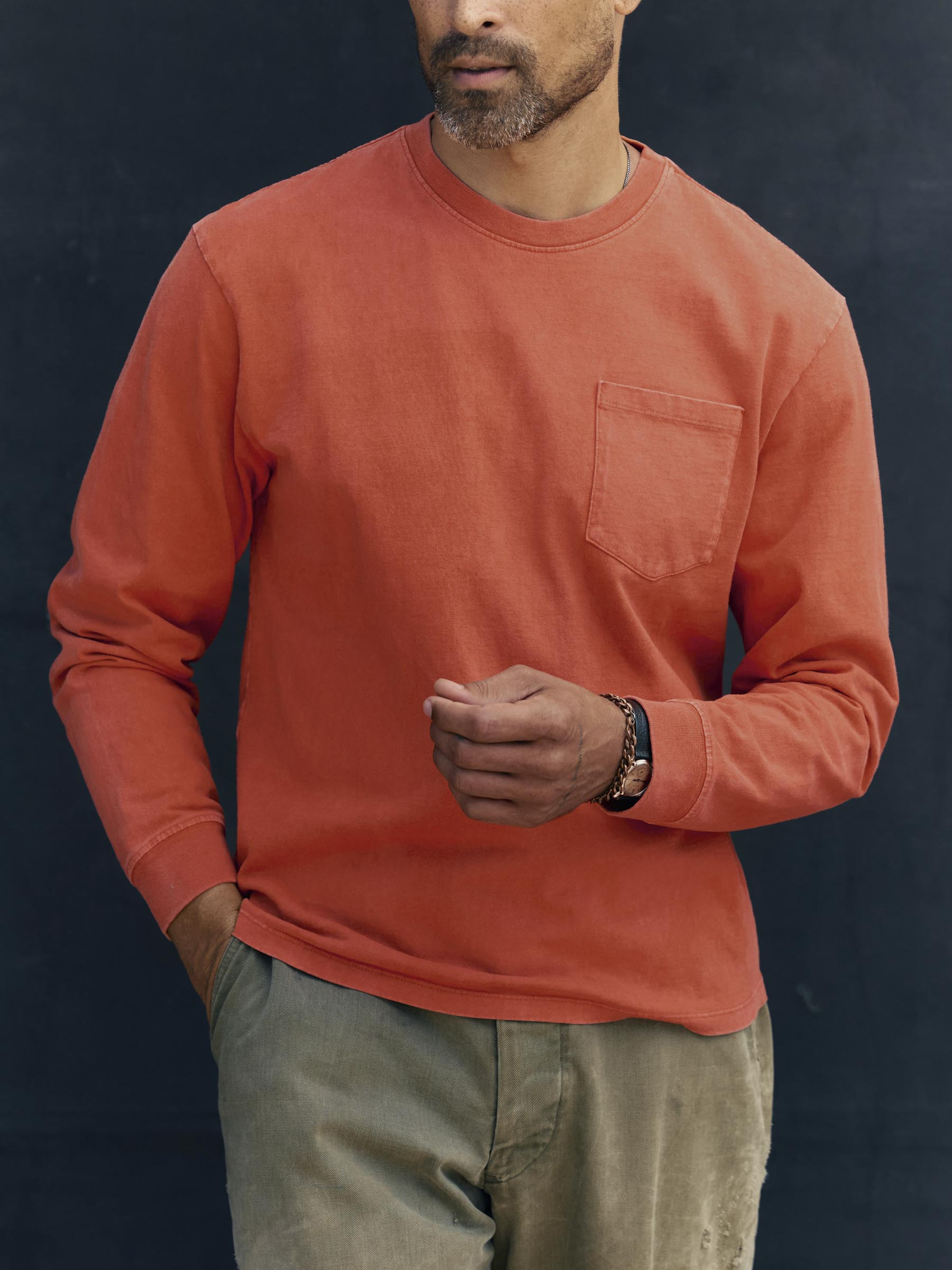 long sleeve pocket tee in faded orange - Image 4