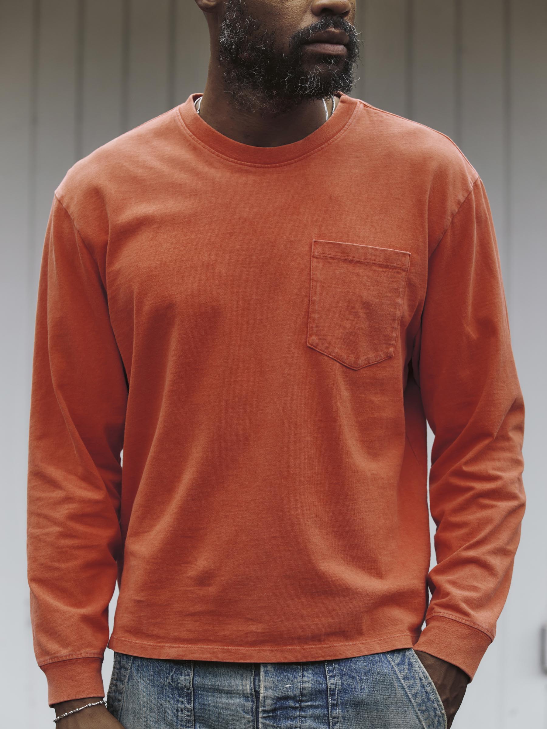 long sleeve pocket tee in faded orange - Image 5
